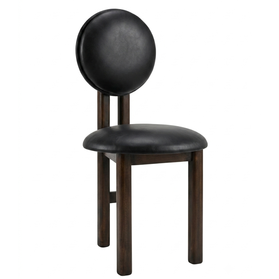 A modern dining chair with a dark brown wooden frame and black upholstered seat and backrest, shown against a plain white background.