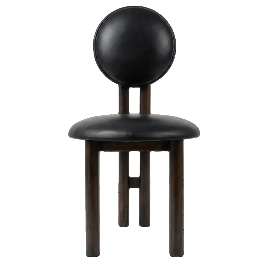 A modern dining chair with a circular black upholstered backrest, a matching cushioned seat, and four tapered dark wood legs, shown from the front on a white studio background.