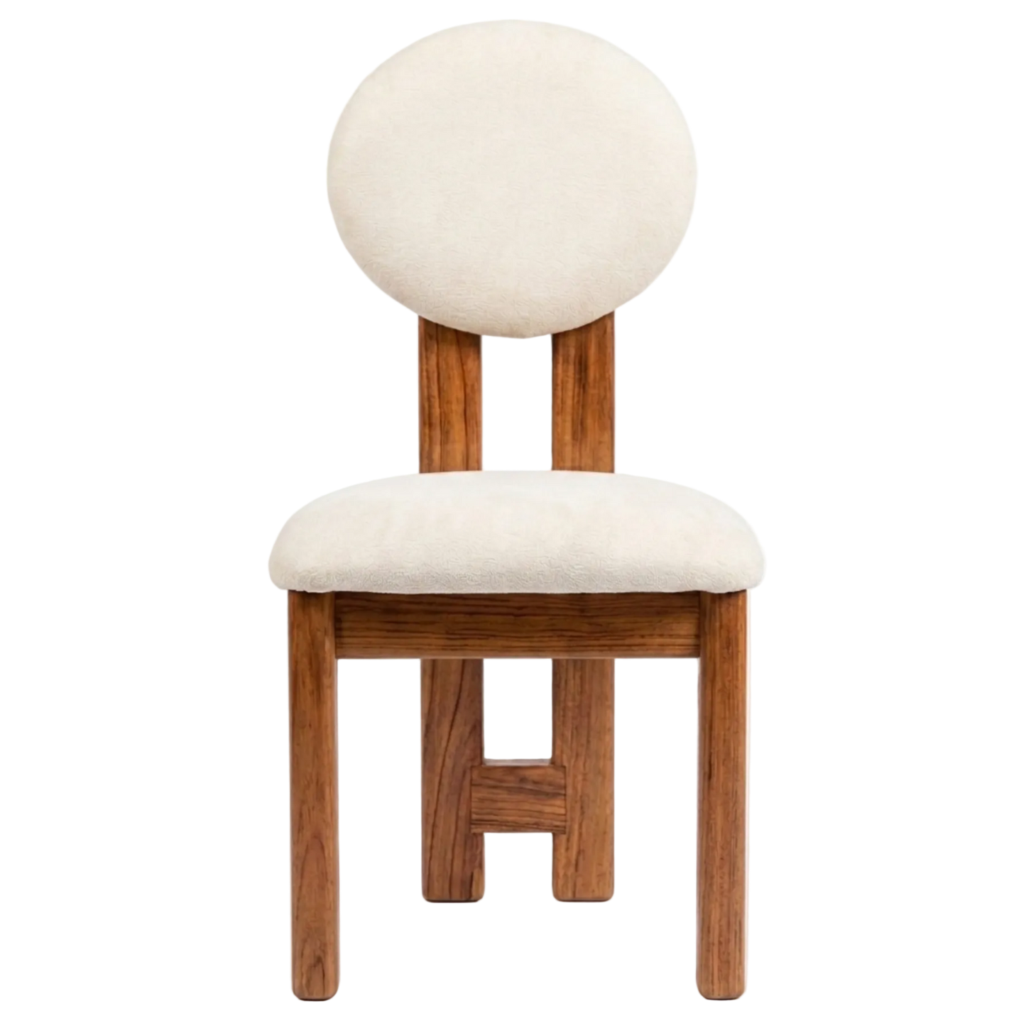 A modern wooden dining chair with a round upholstered backrest and a cushioned seat, featuring a warm medium-brown wood frame and off-white fabric upholstery.