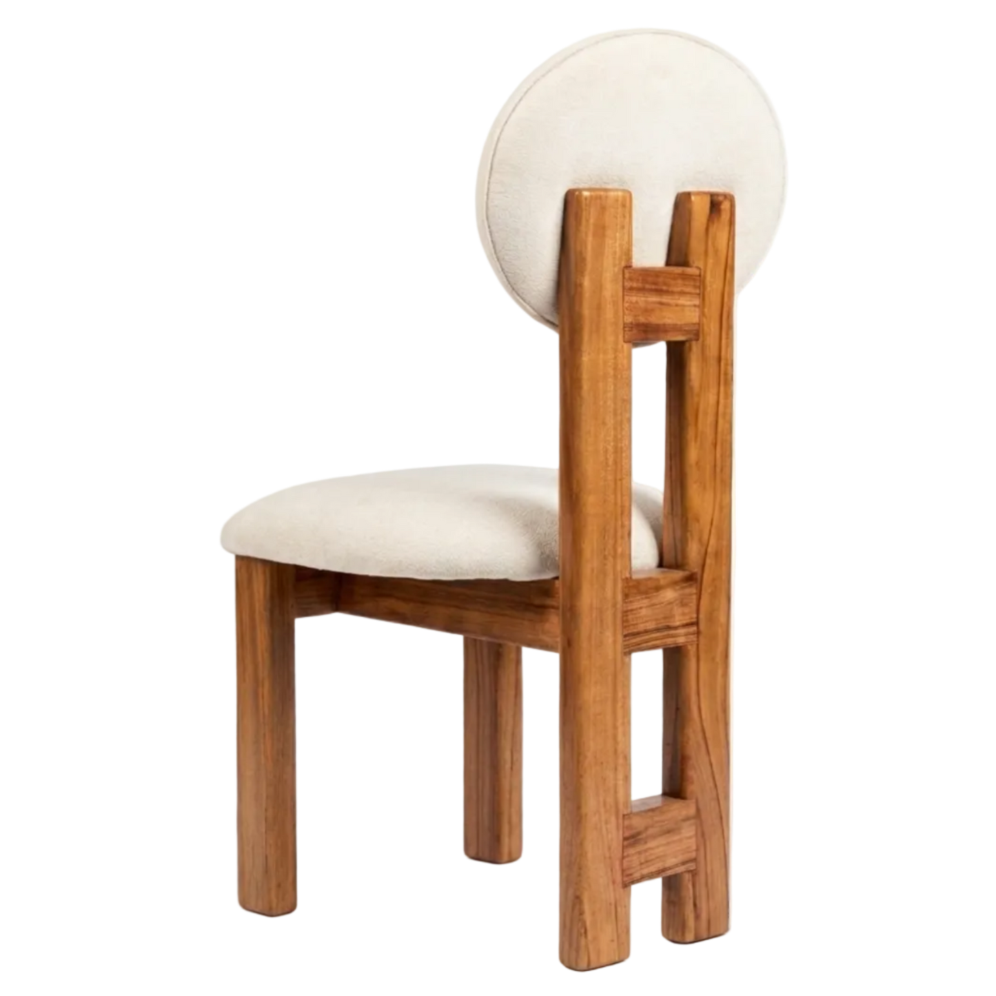 A wooden dining chair with a light beige upholstered seat and a round backrest, shown from a three-quarter angle on a plain white background.